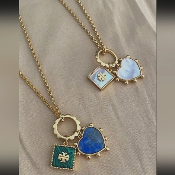 Tory Burch Vintage Gold Plated Mother Of Pearl Heart and Square Charm Ne… - Picture 7 of 12